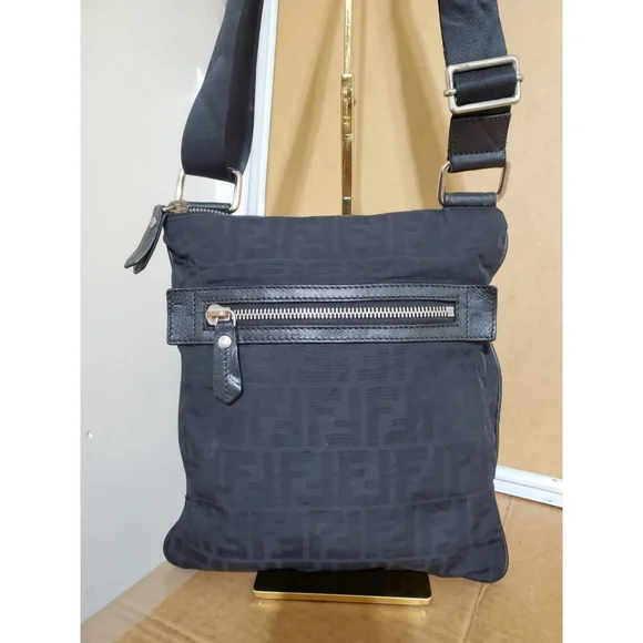 Fendi Black Zucca Front Zip Flat Messenger Bag - Picture 5 of 11